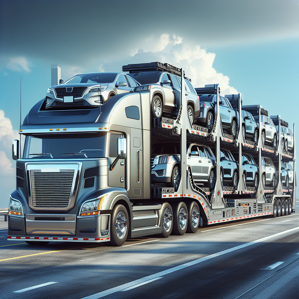 Realistic depiction of a car transport truck with multiple cars on a highway.