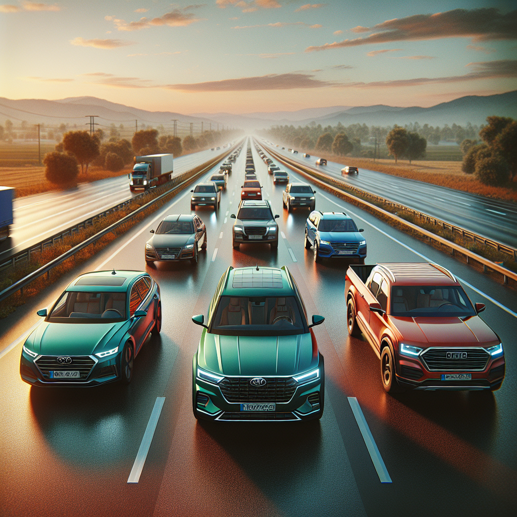 Realistic scene of vehicles on an auto transport trailer, highlighting cross-country transport.