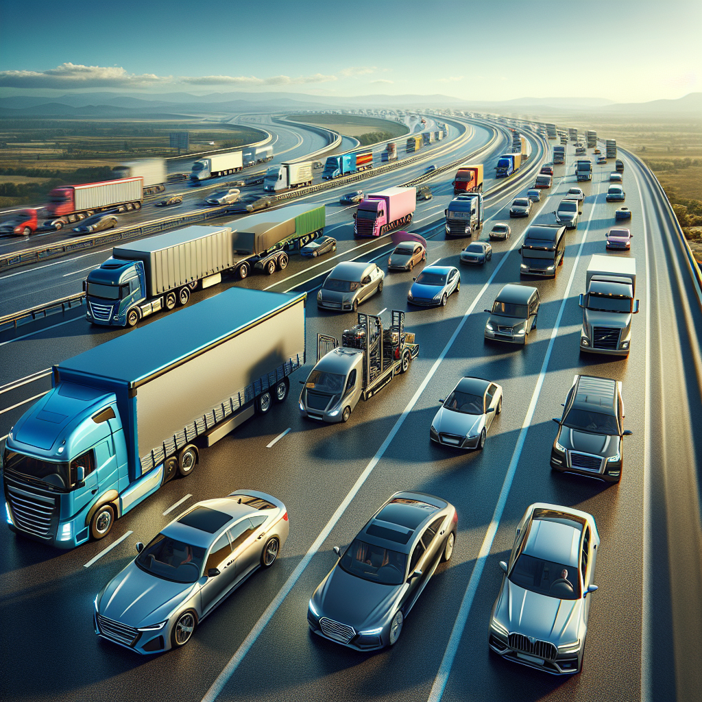 Image of an SUV and sports car on an open carrier truck on the highway.