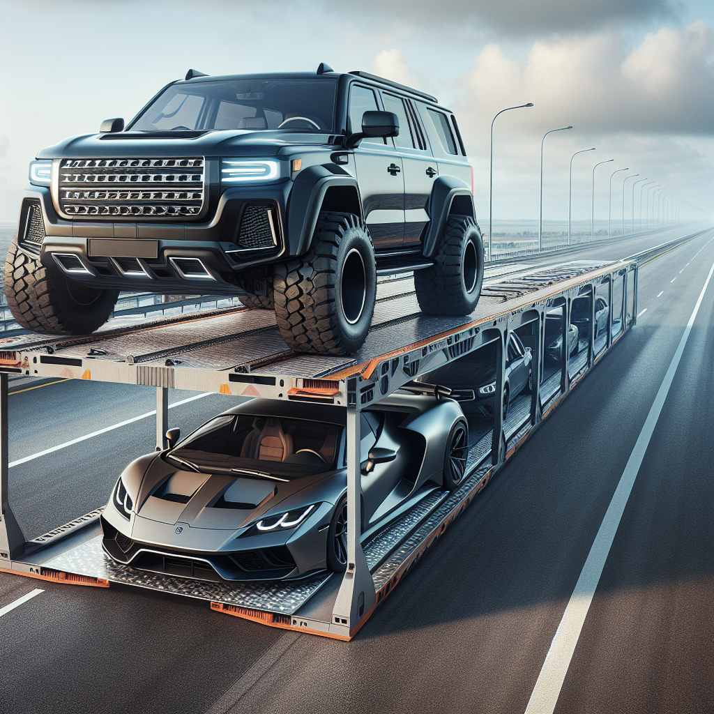 A realistic scene of vehicles, including cars, SUVs, and trucks, on an open highway, some on transport carriers.