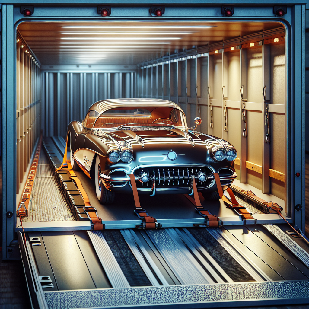 A classic car being loaded onto an enclosed transport carrier.