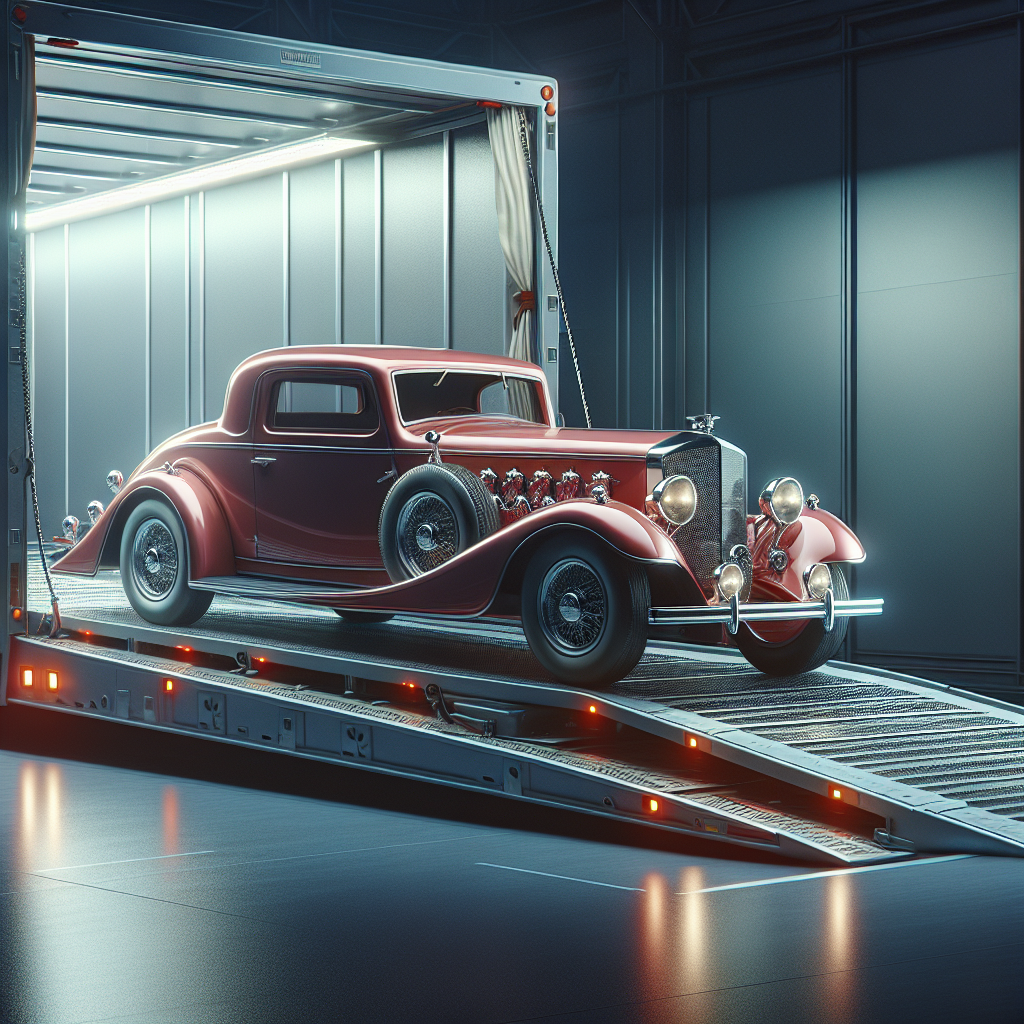 An enclosed classic car being securely transported inside a sleek white trailer.