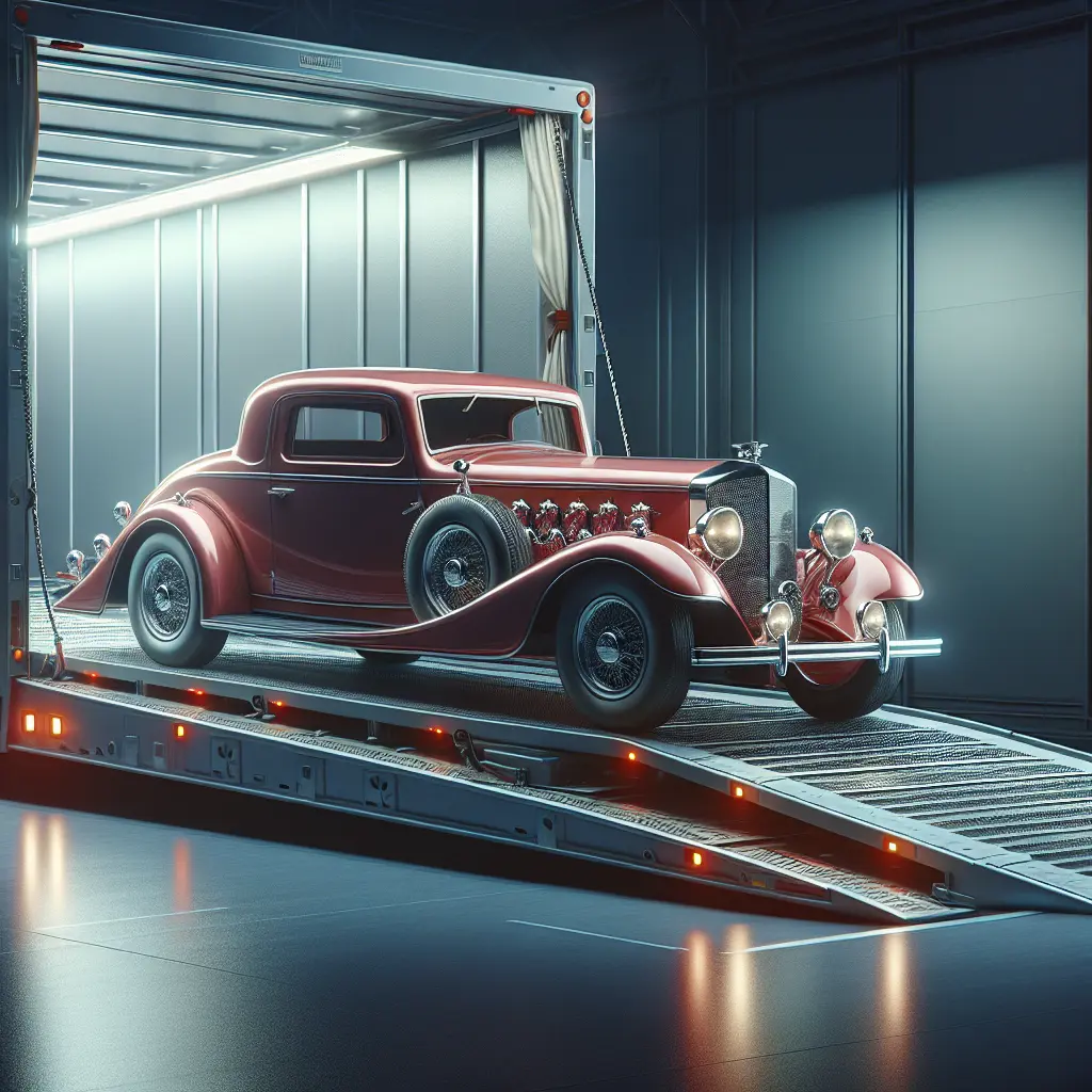 An enclosed classic car being securely transported inside a sleek white trailer.