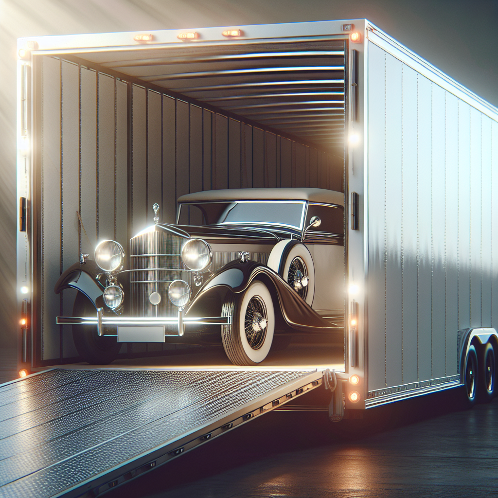 Classic car being loaded onto an enclosed transport carrier.