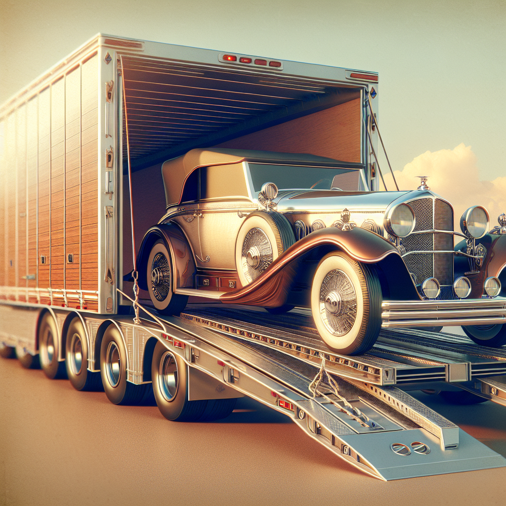 A classic car inside an enclosed transport carrier.