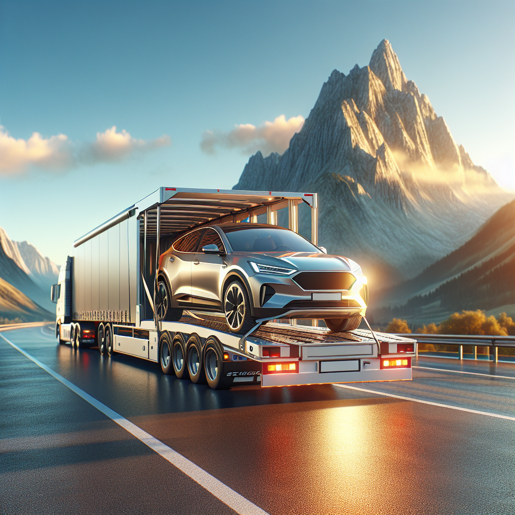 An image of a car strapped to a transport truck on a scenic open road symbolizing cross country vehicle transport.