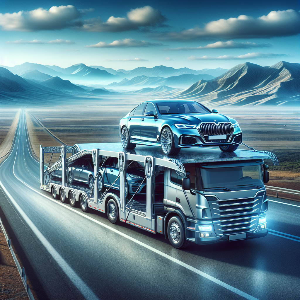 A car transported on a truck along a highway with mountains.