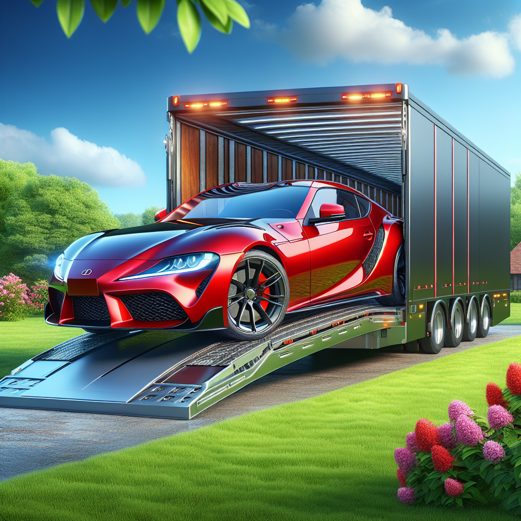 A fast red sports car being loaded onto a sleek white transport truck.