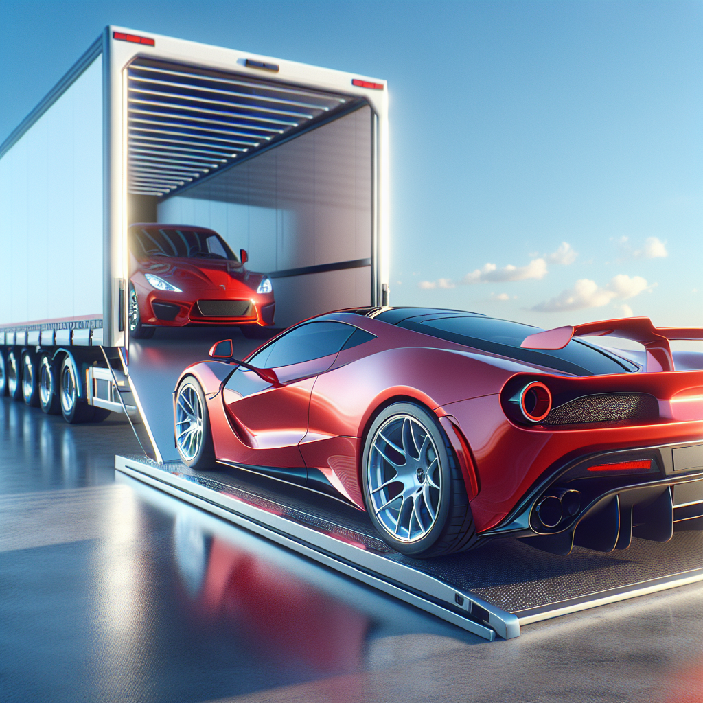 A sleek red sports car being loaded onto a transport truck in a suburban landscape.