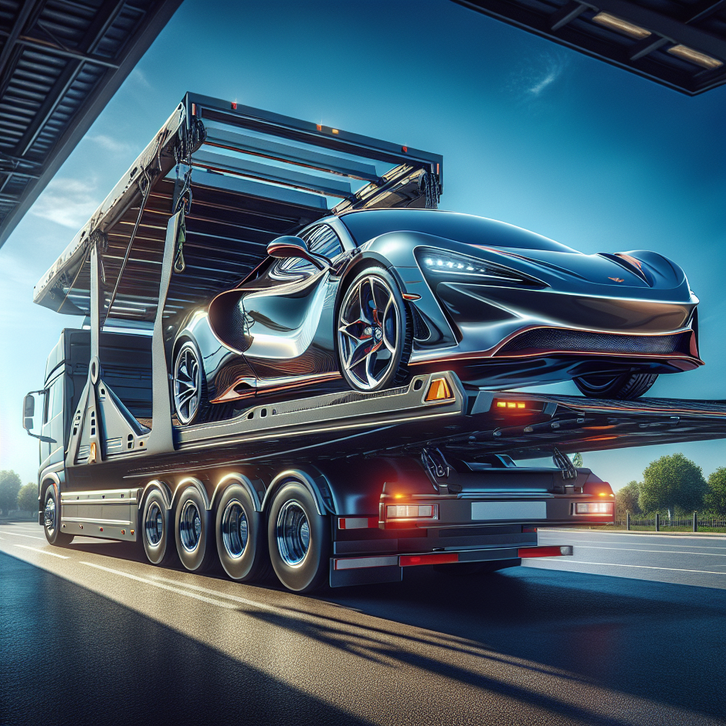 A modern blue car being loaded onto a white and blue truck on a sunny highway.