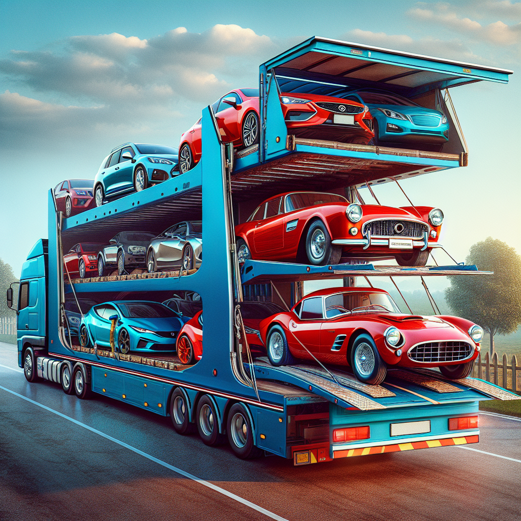 An auto transport truck carrying a red sports car and a blue convertible on a highway with green hills and a sunset sky.