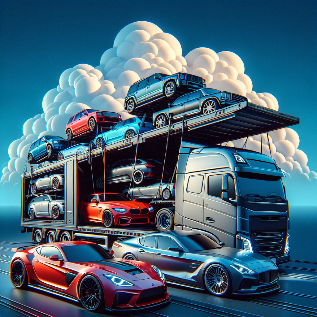 A realistic scene of vehicle relocation services with an open transport trailer carrying multiple cars and an enclosed trailer for a classic car.