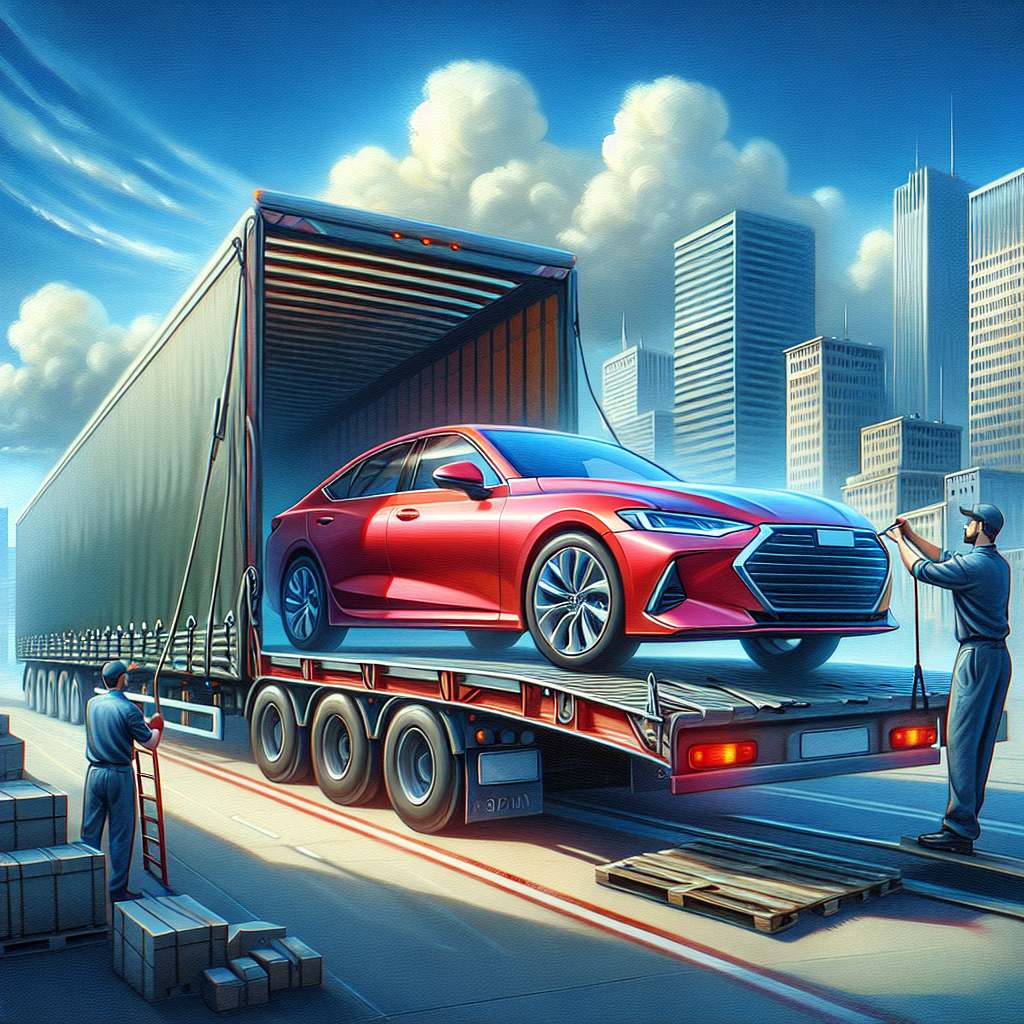 A scene showing a dark blue sedan on an open transport truck and a classic red car on an enclosed trailer.