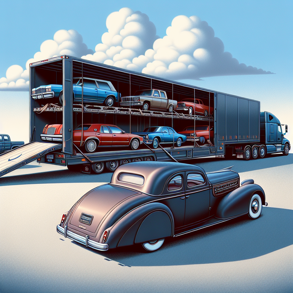 A vehicle relocation scene with an open transport truck carrying various cars under a sunny blue sky.