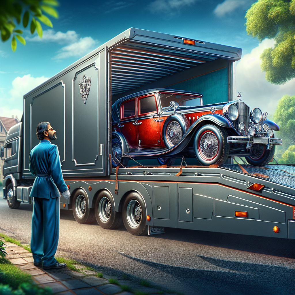 A specialist vehicle transport scene with an enclosed carrier truck and a classic luxury car being loaded by an expert driver.