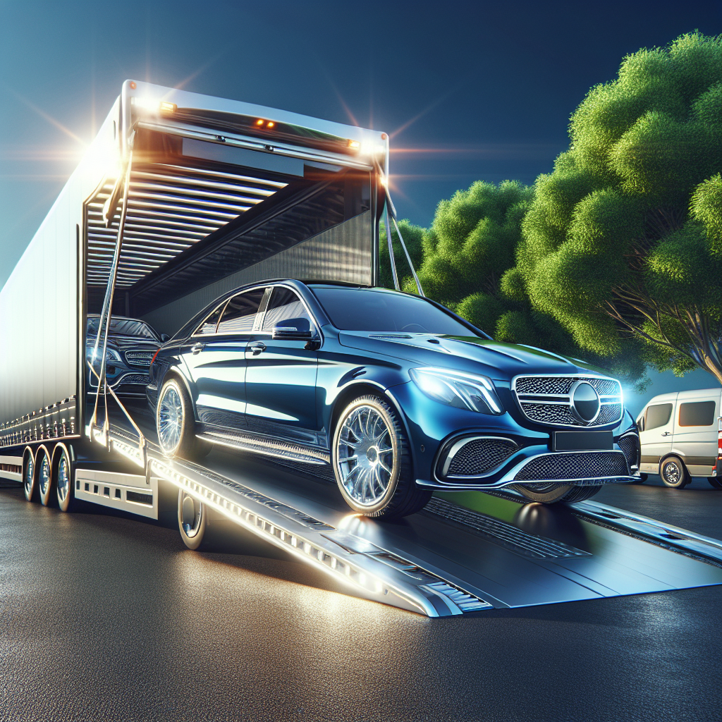 A specialized vehicle transport service with a truck carrying a luxury car.