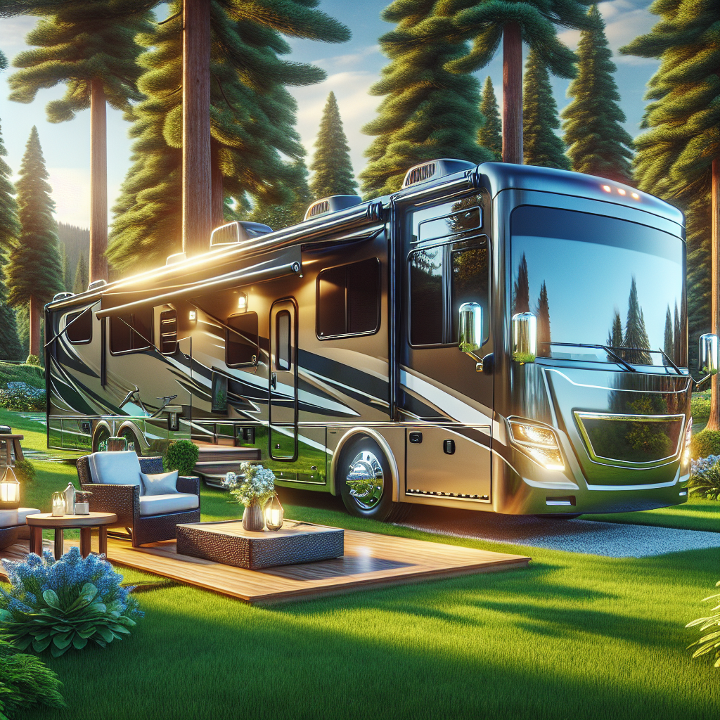 A bustling RV transportation yard with various RVs and trucks, under a clear blue sky.