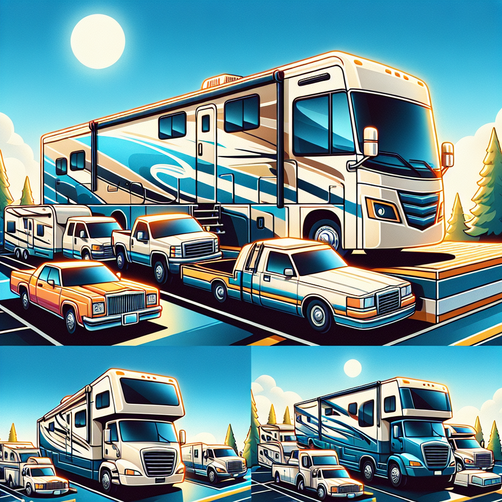 A luxurious recreational vehicle parked in a scenic outdoor setting with greenery and trees.