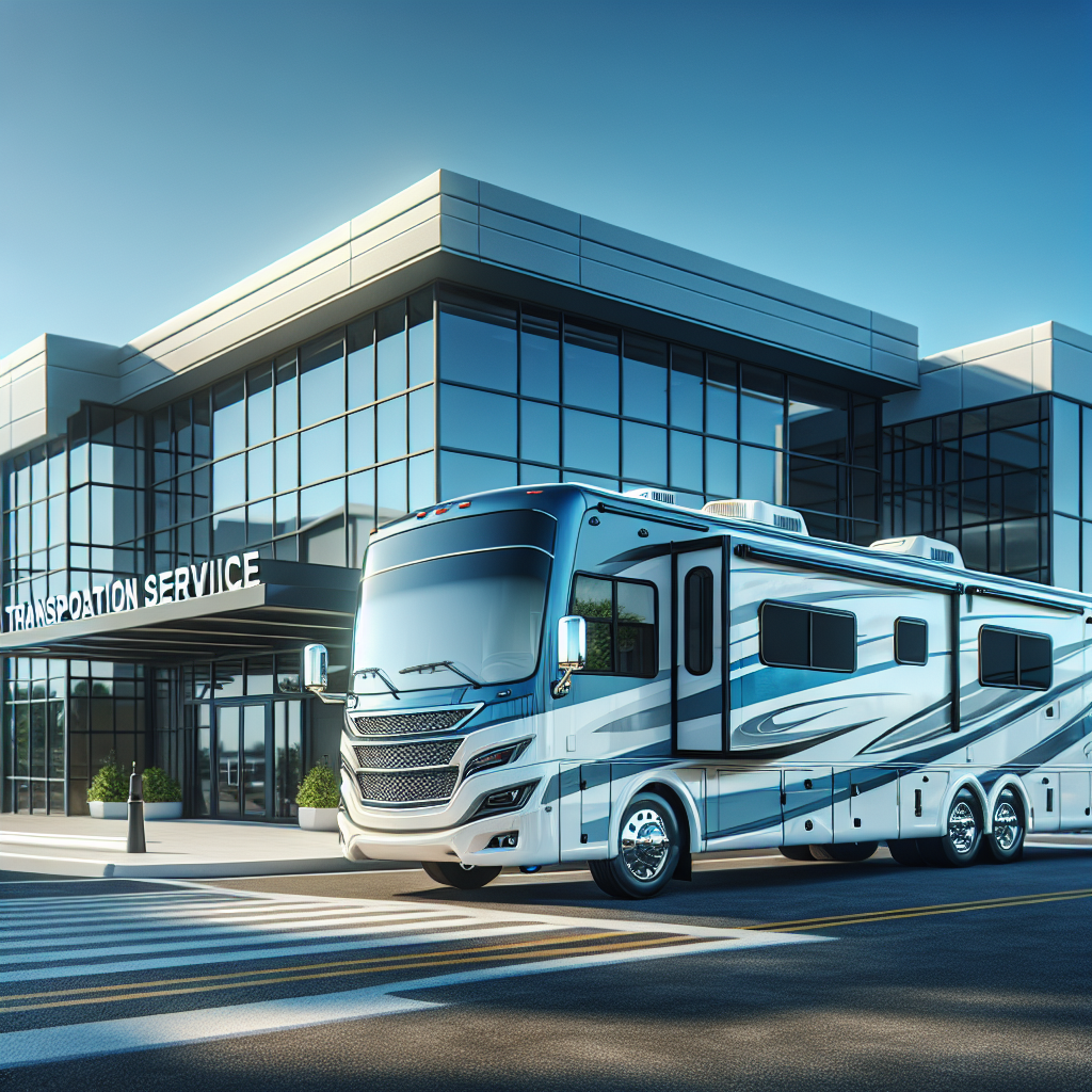 A classic motorhome parked in a scenic landscape with greenery and mountains.