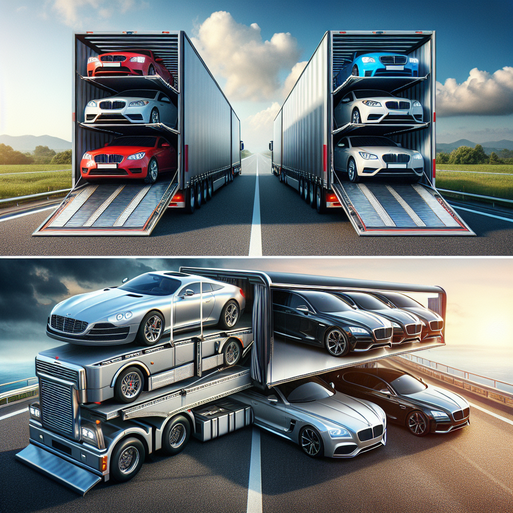 An illustration of open transport and enclosed transport trucks with cars.