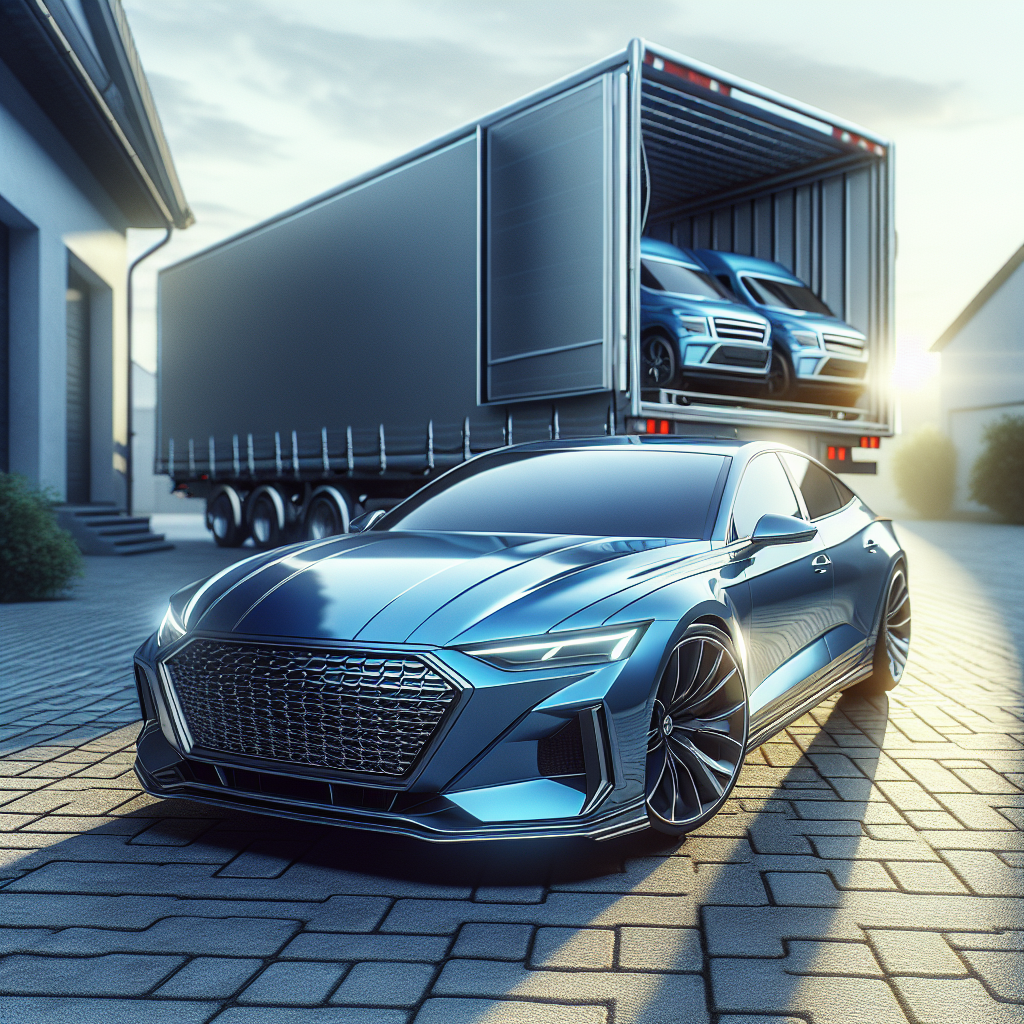A modern car shipping truck transporting cars on a sunny highway.