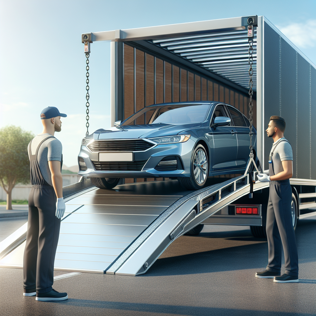 A reliable car shipping scene with a blue sedan being loaded onto a transport truck.