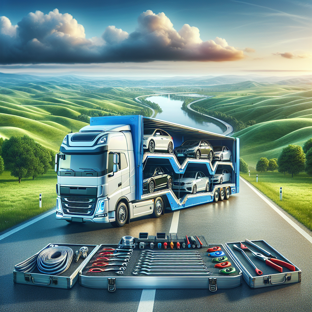 A scene illustrating reputable car shipping with a modern blue car and a transport truck.