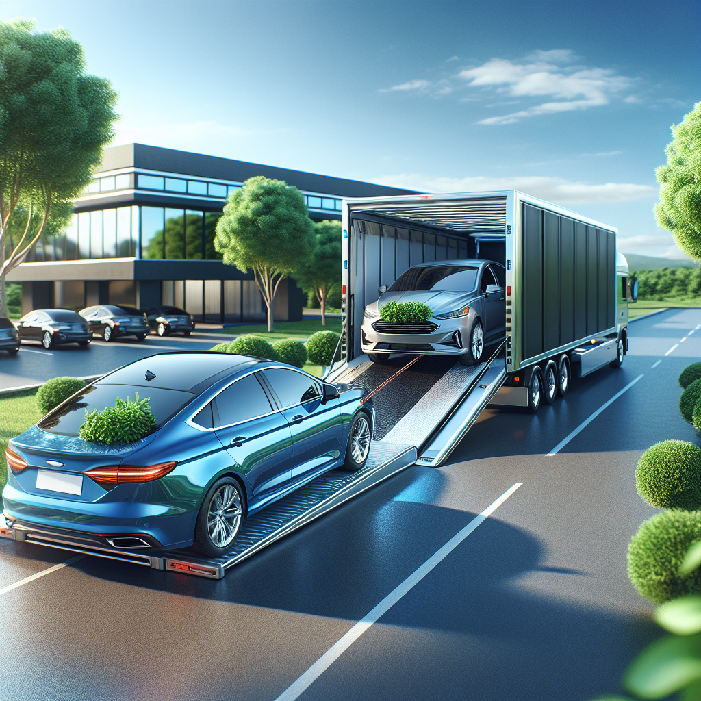 A blue sedan being carefully loaded onto a silver truck by two attentive transporters.