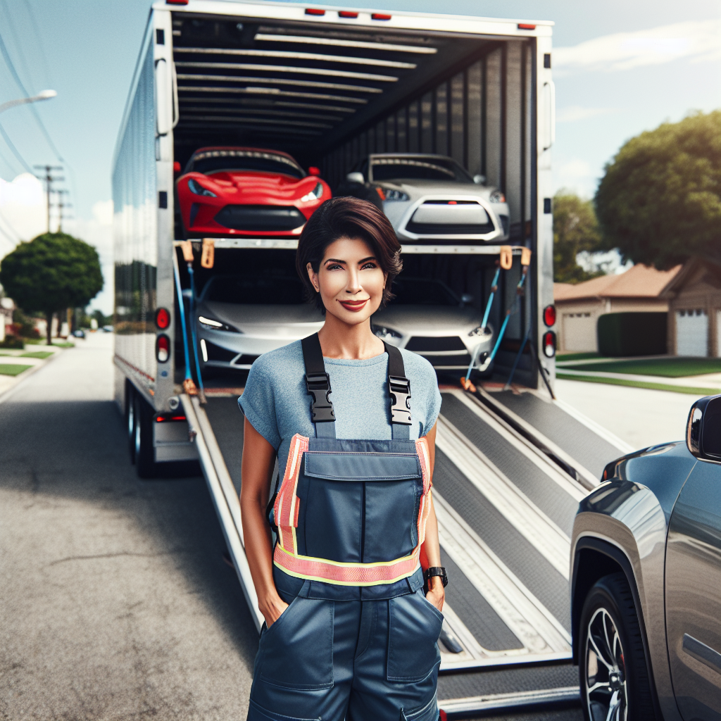 An auto transport expert inspecting a car on a carrier truck, with a highway and trees in the background.