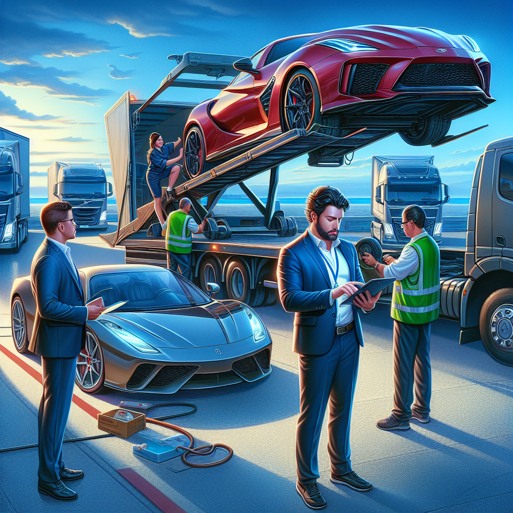 A certified auto transport employee standing next to a loaded truck with a vintage car.