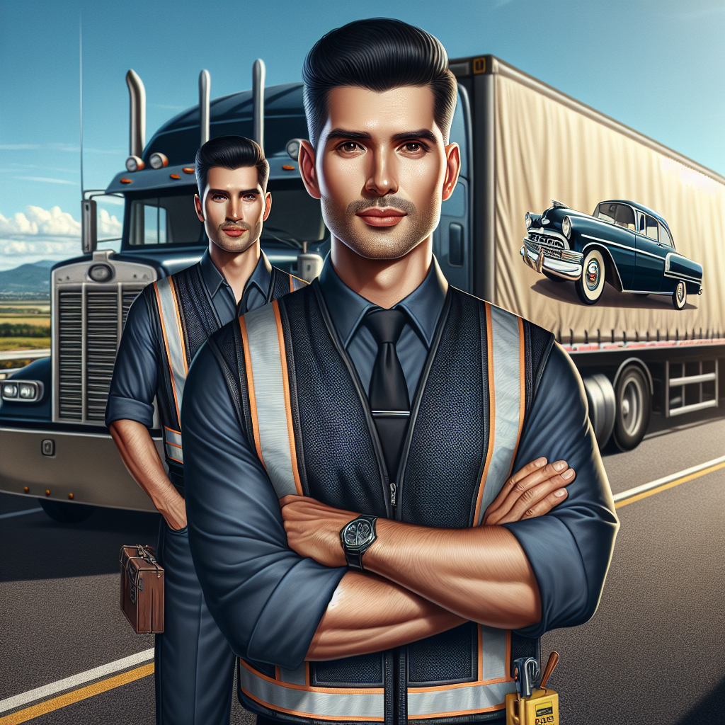 An auto transport team, including diverse employees, loading and inspecting vehicles.