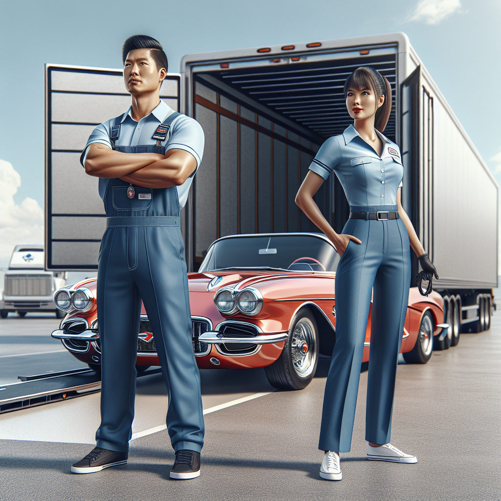 A professional auto transport employee standing next to a red car.
