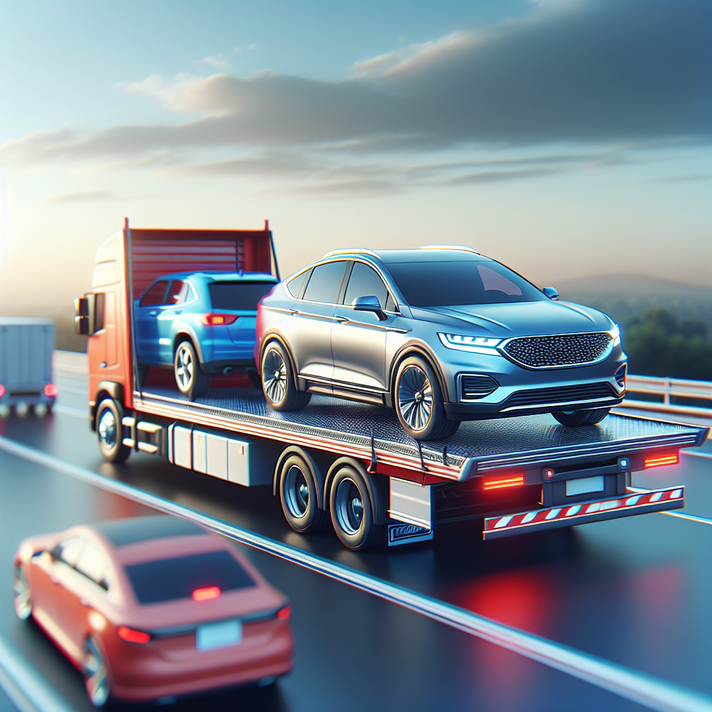 A vibrant red sedan being loaded onto an open transport truck under a blue sky.