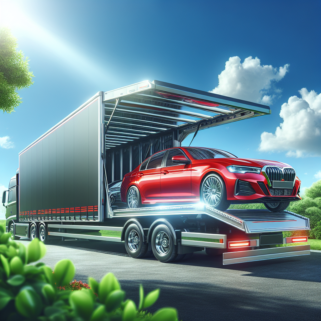 A transport truck loading a silver sedan against a blue sky.