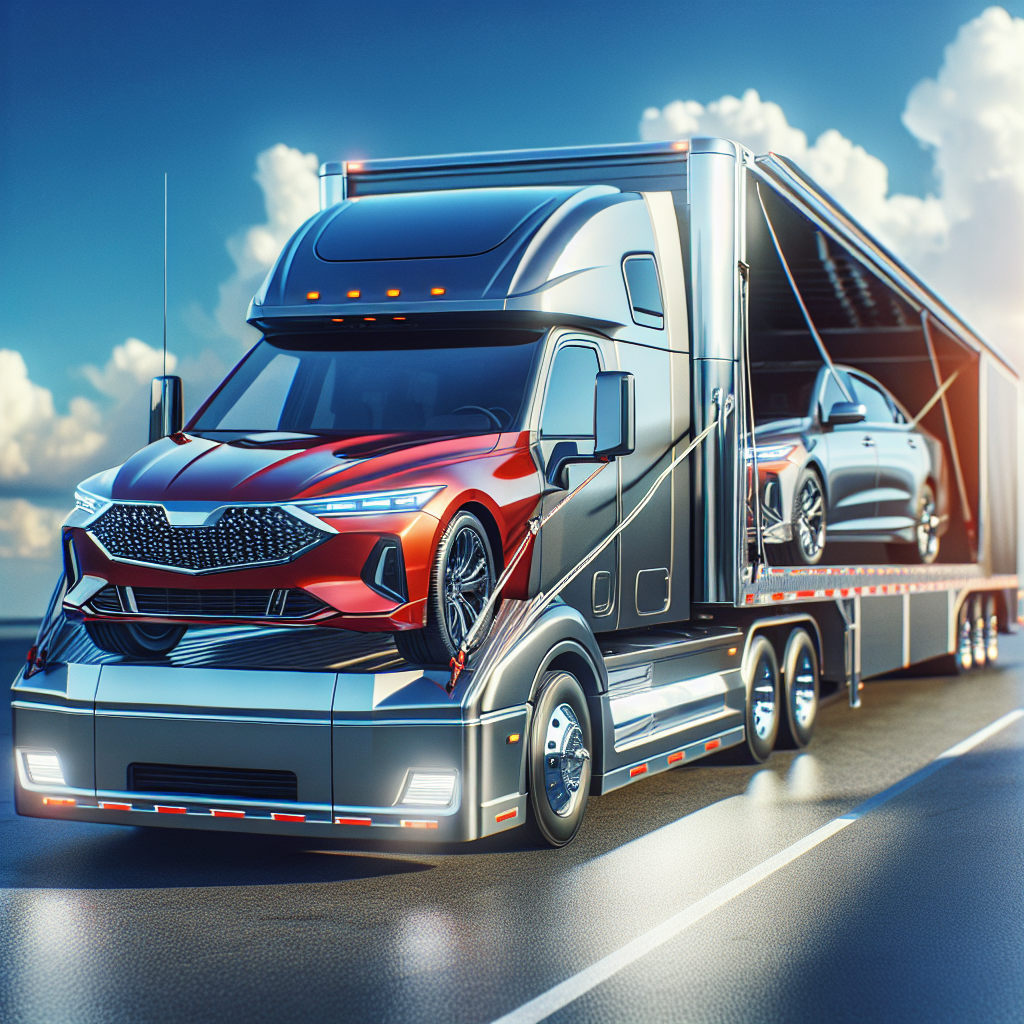 A modern auto transport truck with luxury cars loaded on it in an urban setting.