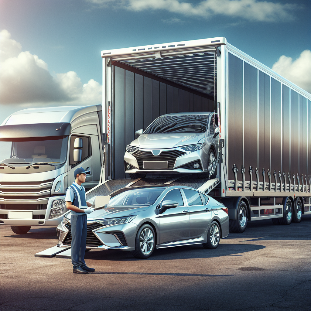 A car carrier transporting multiple vehicles on a highway, promoting safe auto transport.