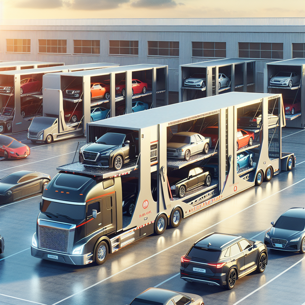 A blue sedan being loaded onto a multi-level auto transport truck on a clear day.
