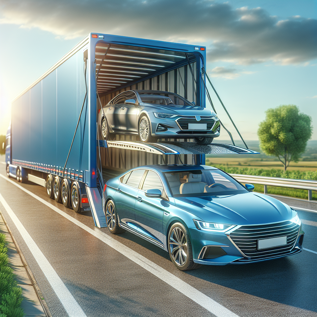 A realistic depiction of a car carrier truck transporting various vehicles at a modern transport terminal.