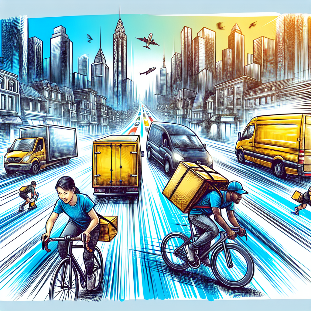 A scene illustrating various delivery options in a busy urban setting, with a delivery van and a customer receiving a package.