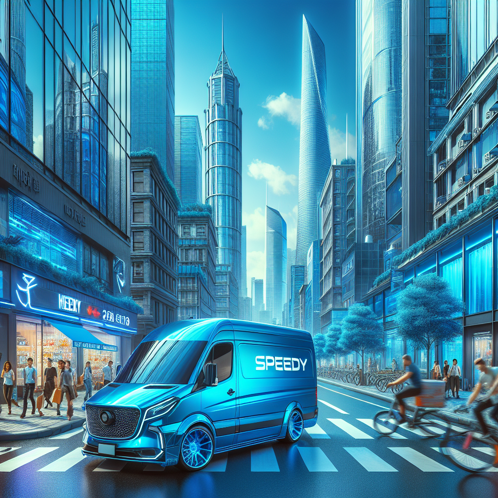 A delivery truck in a busy urban setting, with people dispatching packages.