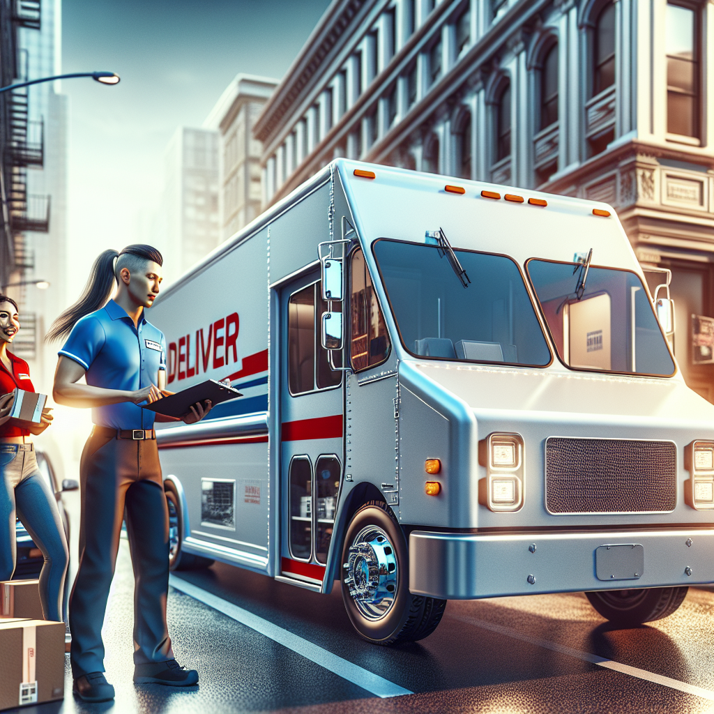 A busy urban scene with diverse delivery personnel and various delivery vehicles in action.