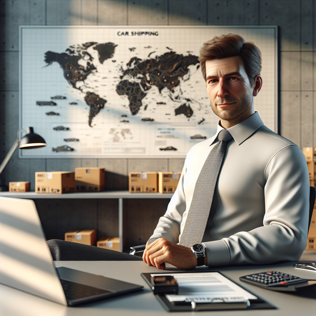 A car shipping broker working in a modern office environment, focused on monitoring vehicle transport details.