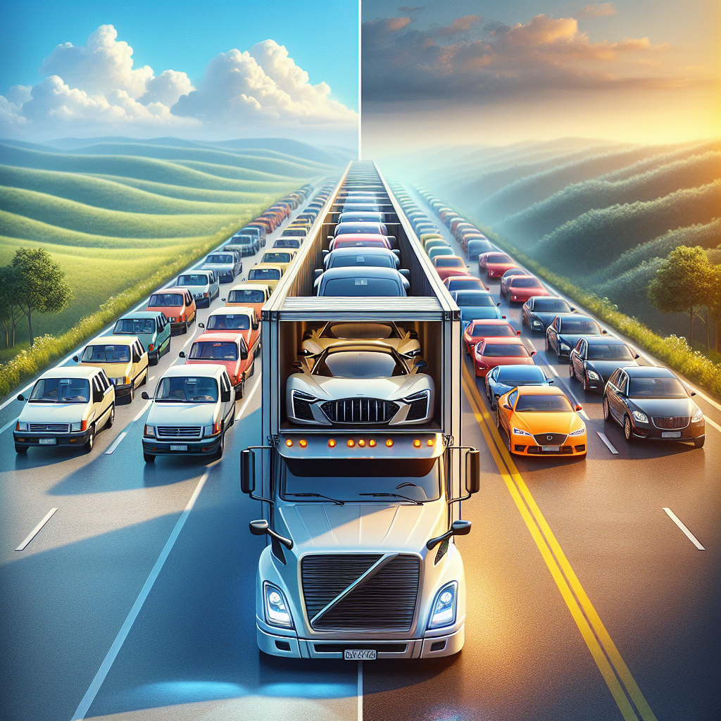 A realistic image of an open transport vehicle carrier with standard cars, and an enclosed transport trailer in the background.