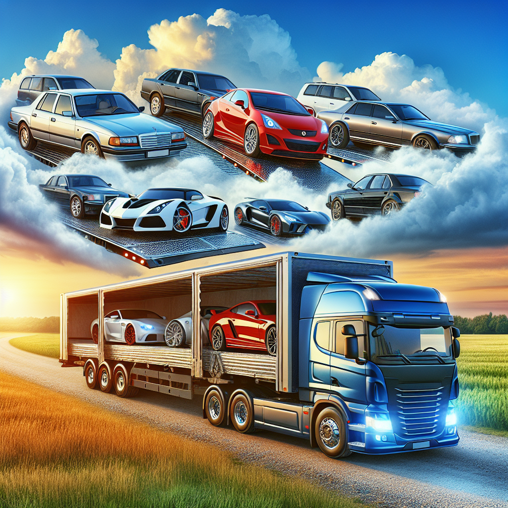Two vehicles being transported: one red sedan on an open trailer and a silver luxury car in an enclosed trailer.