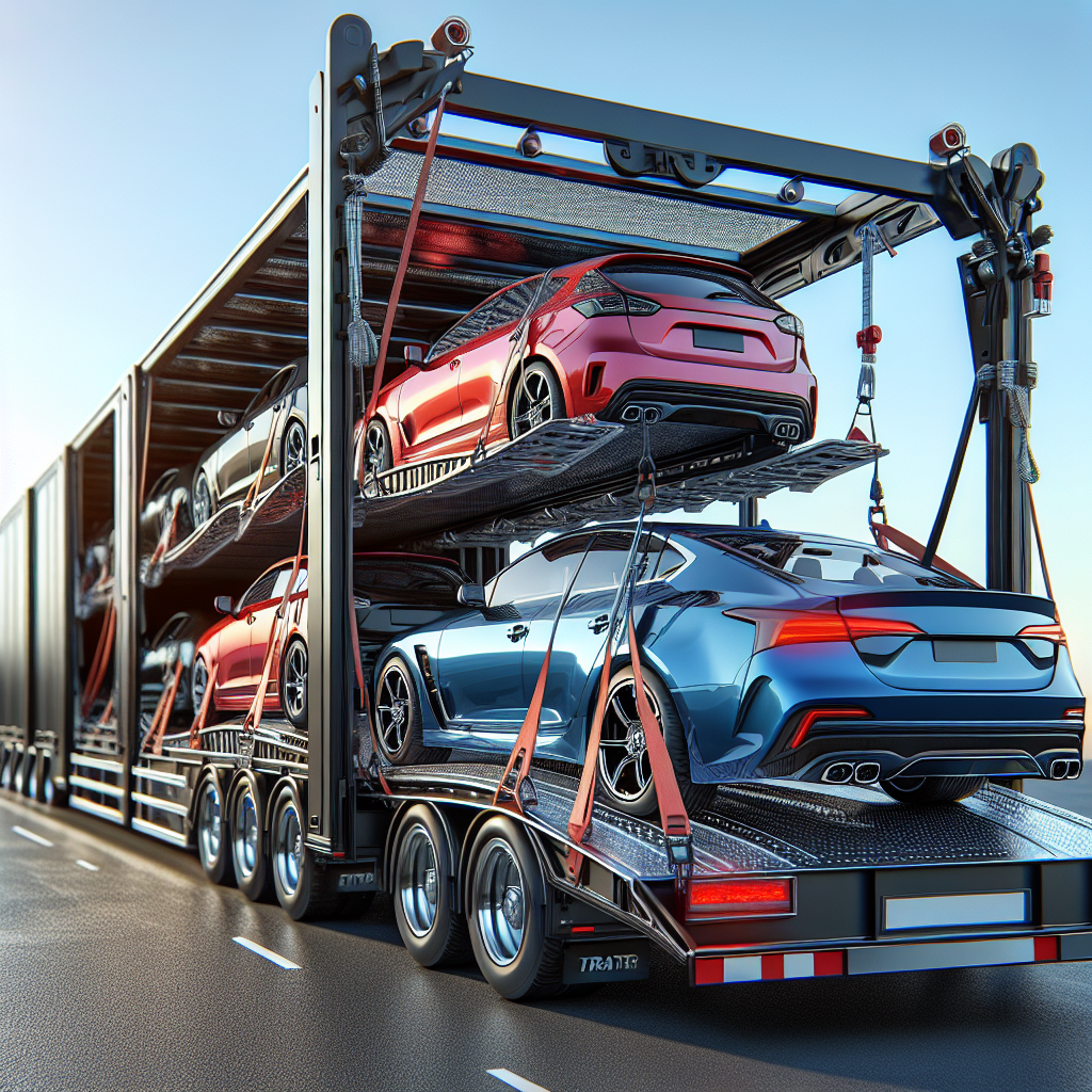 A comparison between open transport and enclosed transport for vehicles, showcasing a truck with standard cars and a sleek enclosed truck with a luxury car.