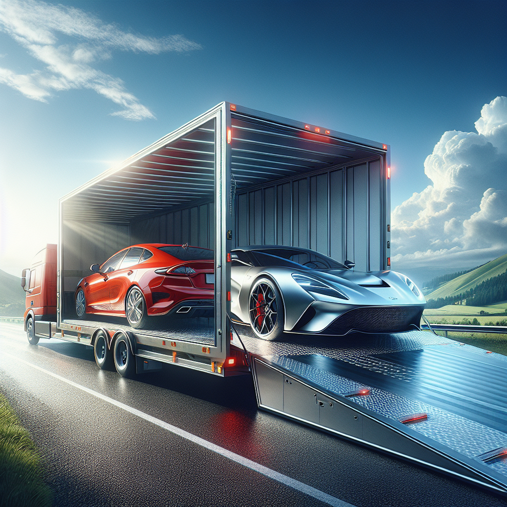A comparison of open and enclosed vehicle transport trucks with various cars.