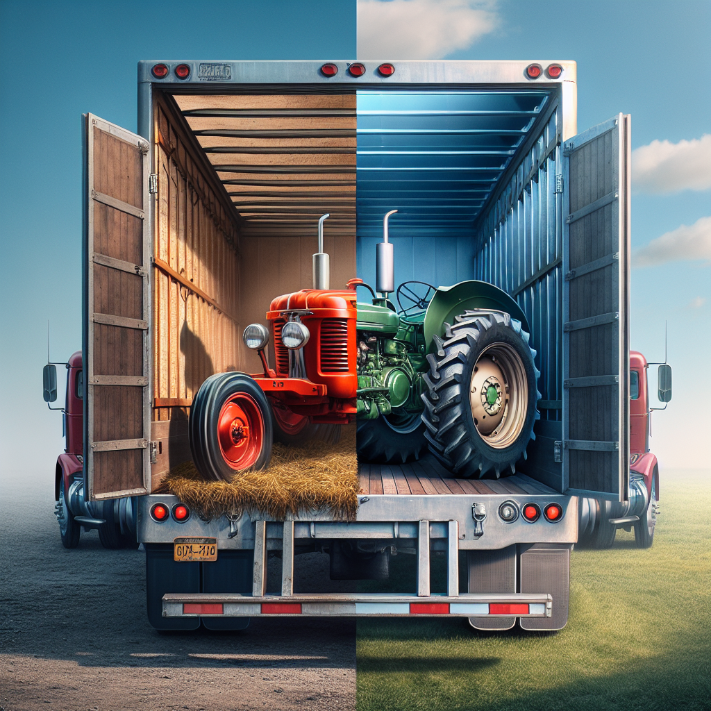 Two tractors on a flatbed truck in an open transport setting with a clear sky and grass in the background.