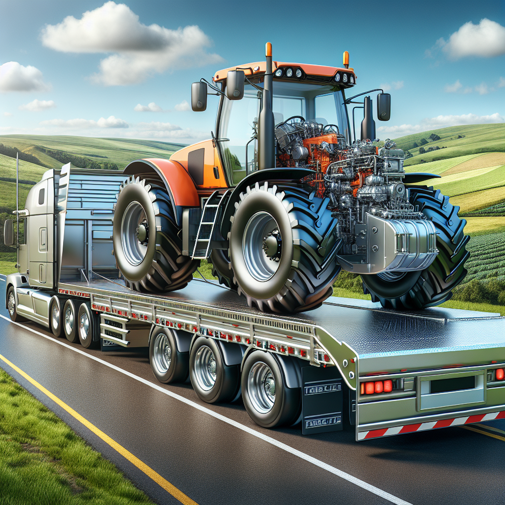 A flatbed truck carrying a green agricultural tractor on a rural road.
