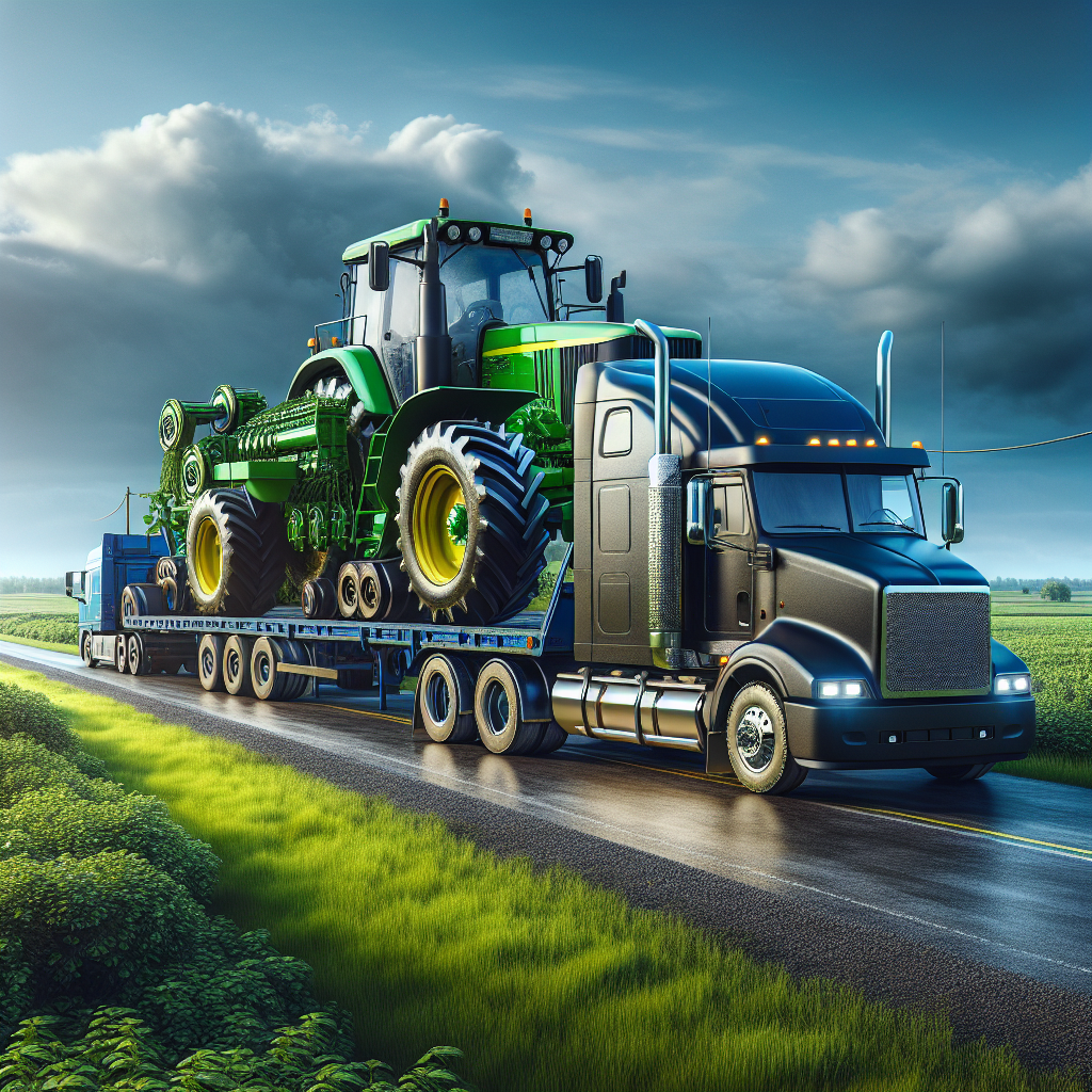 A flatbed truck transporting a large orange tractor on a scenic road with green hills in the background.