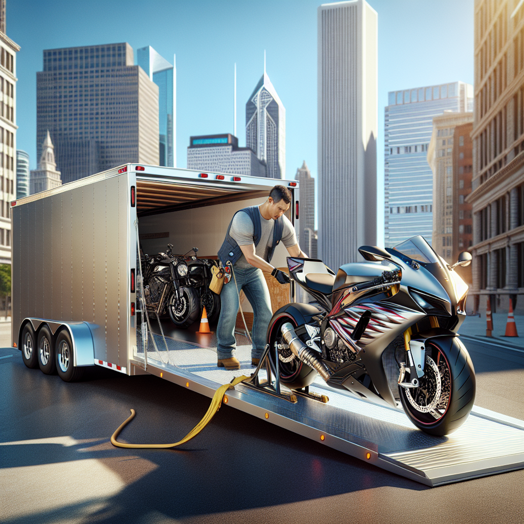 A modern motorcycle being loaded onto a transport truck in New York City.